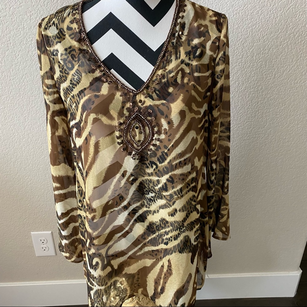 Sunny Leigh || mix animal patterned embellished V-neck blouse